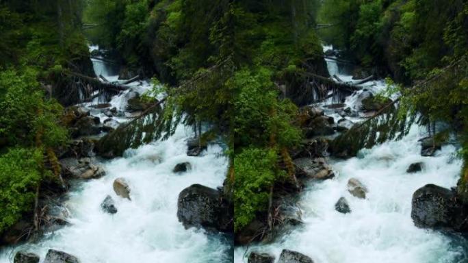 奥地利斯图拜。格拉瓦瀑布附近森林中的米斯蒂奇山河，倒下的树木和蓝色的雪融化了水。眩晕方向