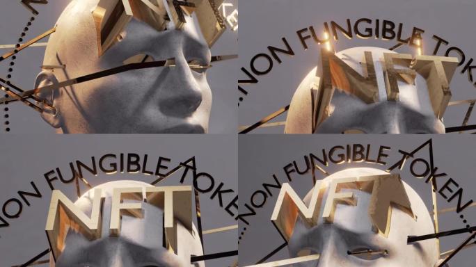 3D渲染的4k视频，带有金色NFT文字的雕像肖像