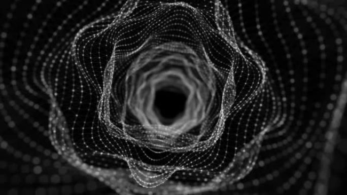 黑色背景上的抽象动态线框隧道。深波浪虫洞。未来主义粒子流。3d渲染。