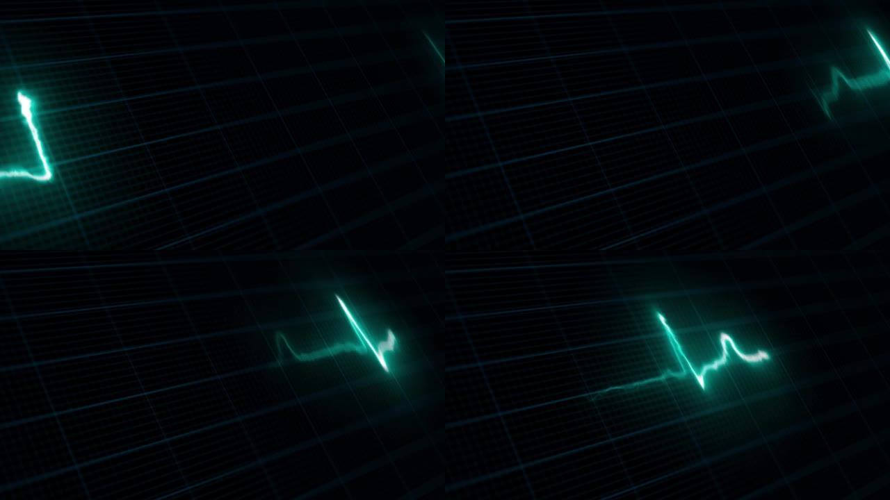 心电图监护仪上的蓝心心电图脉搏。HUD元素。3D 4k循环视频。