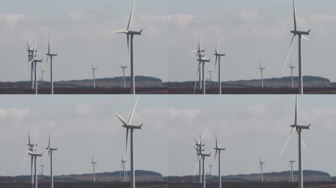 陆上风力涡轮机的视图，可产生清洁的可再生无碳能源，以帮助达到净零