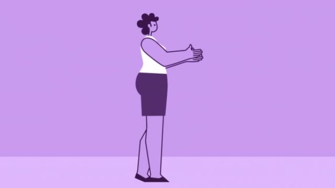紫色风格的女人平角色鼓掌手势。带有Alpha通道的孤立循环动画
