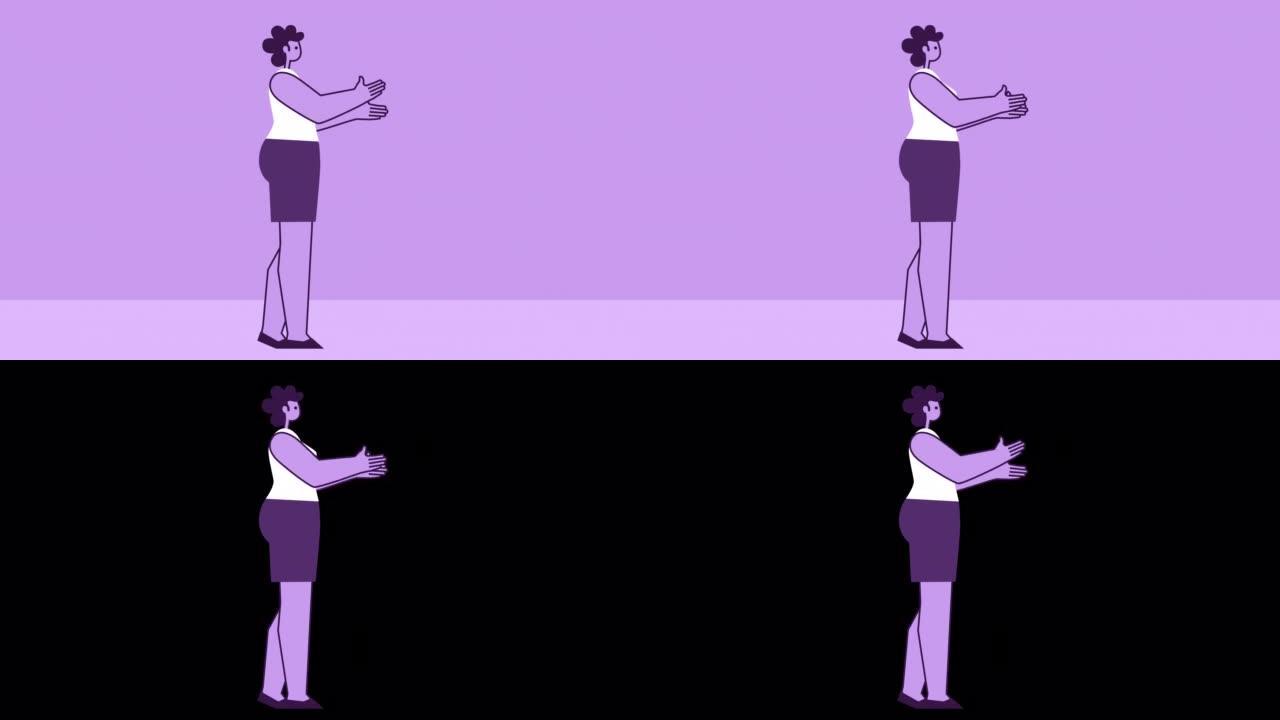 紫色风格的女人平角色鼓掌手势。带有Alpha通道的孤立循环动画