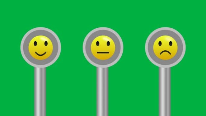 三个反馈表情符号，带钢杆的红色闪烁灯。客户评论、反馈和费率的概念。