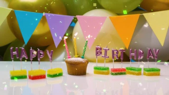 任何年龄的生日背景快乐。生日蛋糕和燃烧的蜡烛。生日的屏幕保护程序。