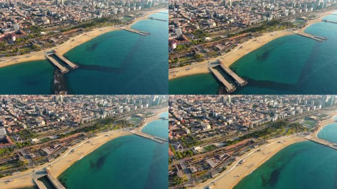 巴塞罗那海滩、拉诺瓦3月贝拉和拉诺瓦伊卡里亚海滩的鸟瞰图。这个海滩，420米长，与1992奥运会之际