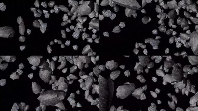 小行星陨石在太空中飞行和旋转。石头在太空中的逼真动画。
