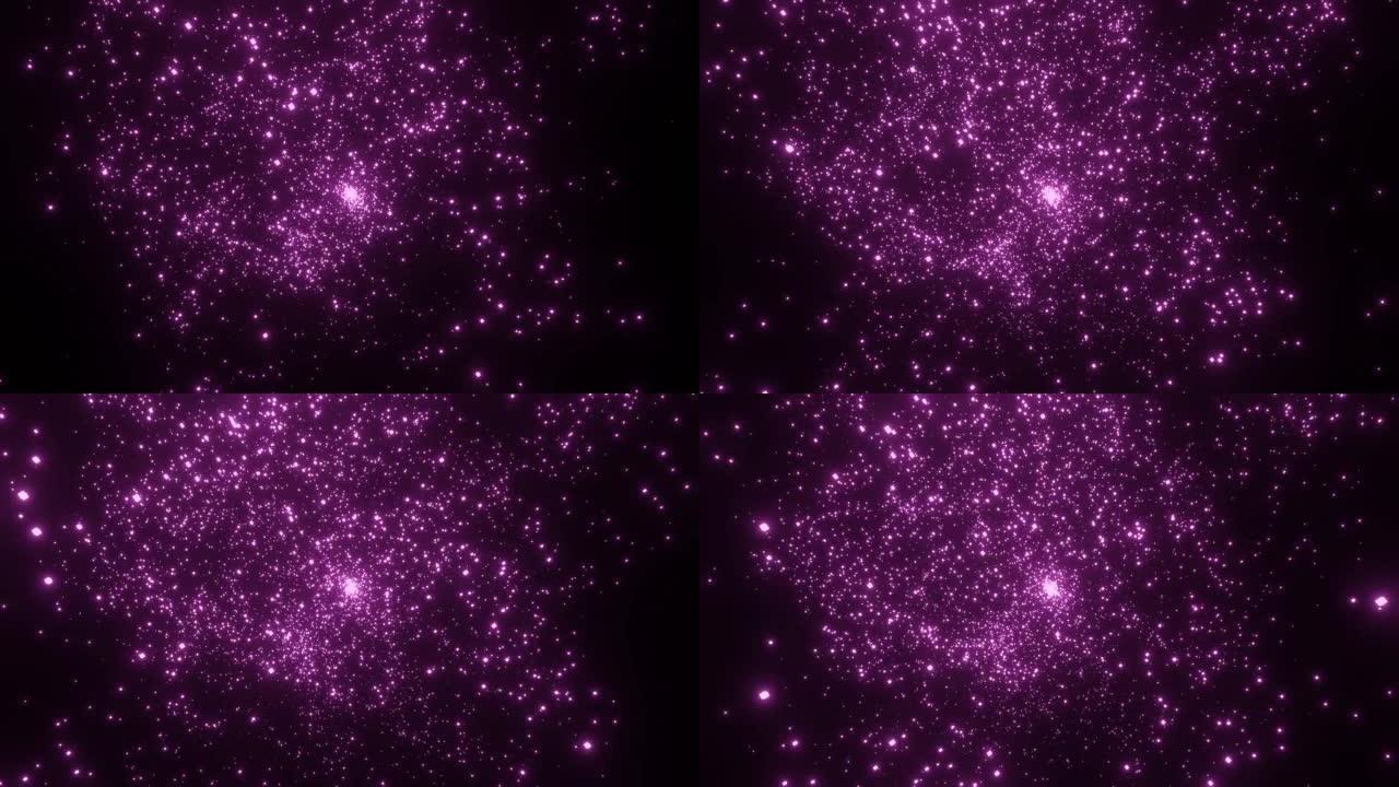 紫色粒子从中心的出现和扩散。基本粒子爆炸。大爆炸或宇宙现象背景。从中心飞来的闪闪发光和脉动的白色粒子