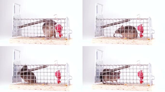 室内老鼠被捕获在现场捕获老鼠陷阱中。白色背景上的活笼子里的一只可爱的小啮齿动物。人类在盒子陷阱中捕捉