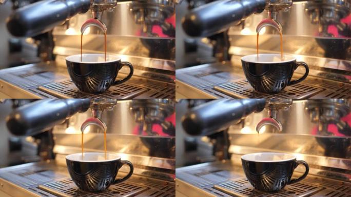 咖啡师将咖啡从expresso机器倒入杯子