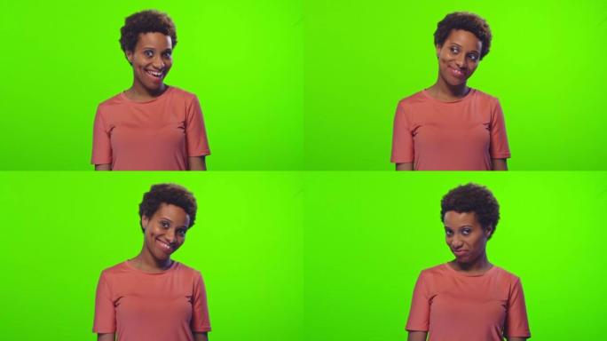 情绪黝黑的女性微笑，在绿色屏幕上做出确认手势