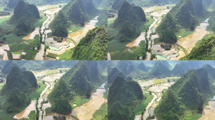 越南曹邦Trung Khanh区Phong Nam的稻田和千山奇形山的空中无人机视图