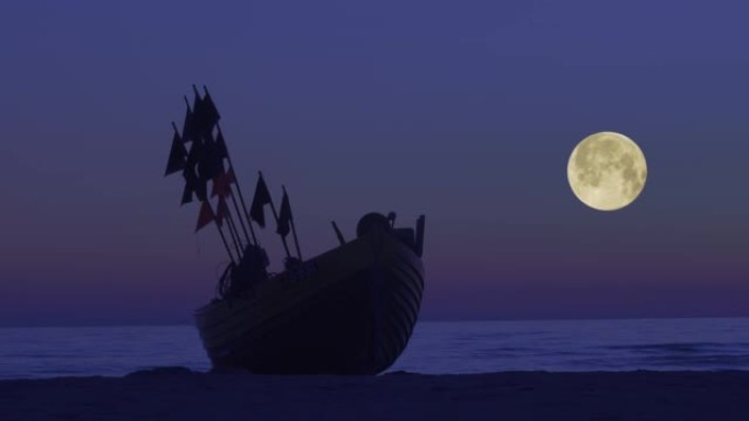 夜晚在月光下的渔船在平静的海面上