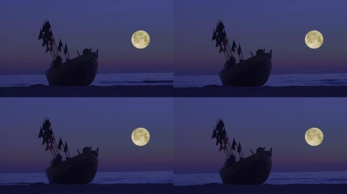 夜晚在月光下的渔船在平静的海面上