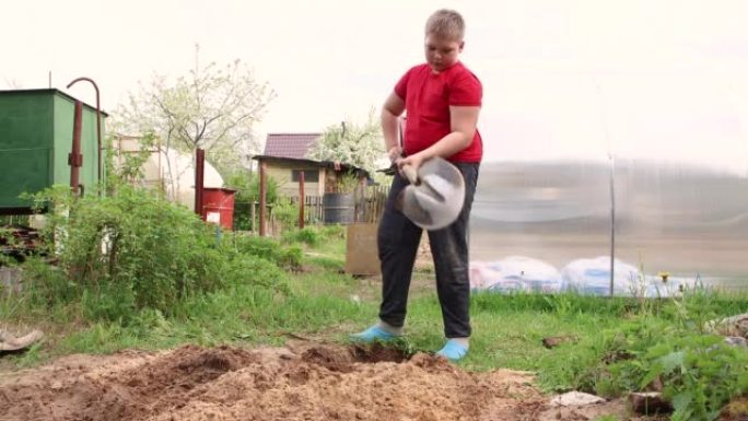 一个聪明的男孩用铲子巧妙地挖了一个洞，用于植树。
