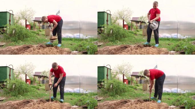 一个聪明的男孩用铲子巧妙地挖了一个洞，用于植树。