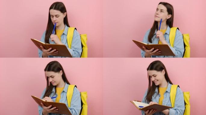 沉思女孩的肖像青少年学生穿着衬衫和黄色背包在练习册笔记中写下，孤立在工作室的柔和粉色背景墙上。大学学
