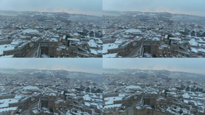 雪景中的耶路撒冷老城鸟瞰图