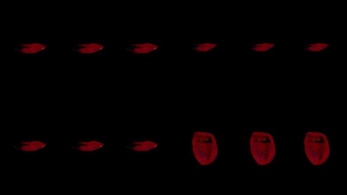 说话嘴的延时动画。对话概念的动画。黑色背景上的三张红嘴。