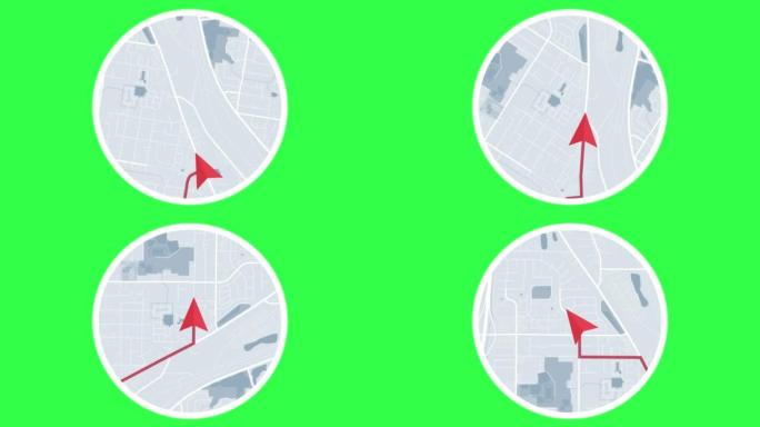 绿色屏幕上带有路线的Gps城市地图导航