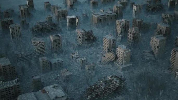 这座城市被轰炸后摧毁了房屋。循环3d动画