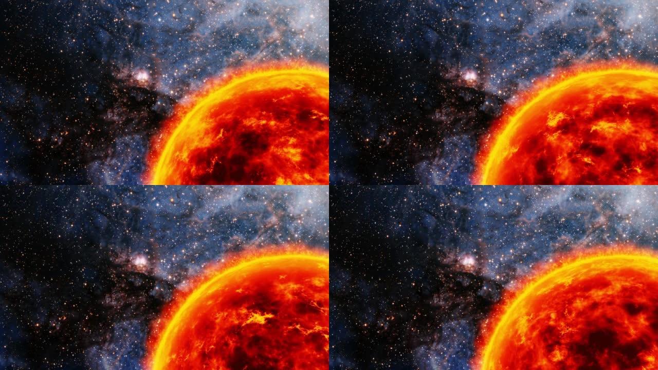 摘要特写太阳球燃烧火焰气体能量太阳等离子体和耀斑行星在中央发光银河系。4k 3D渲染非常适合视觉效果
