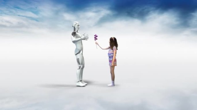 快乐的小女孩向机器人献花。机器人现在很开心!