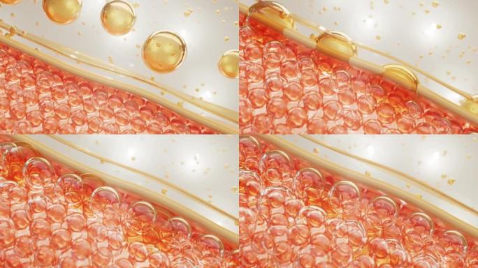 皮肤细胞上的金色胶原蛋白滴。