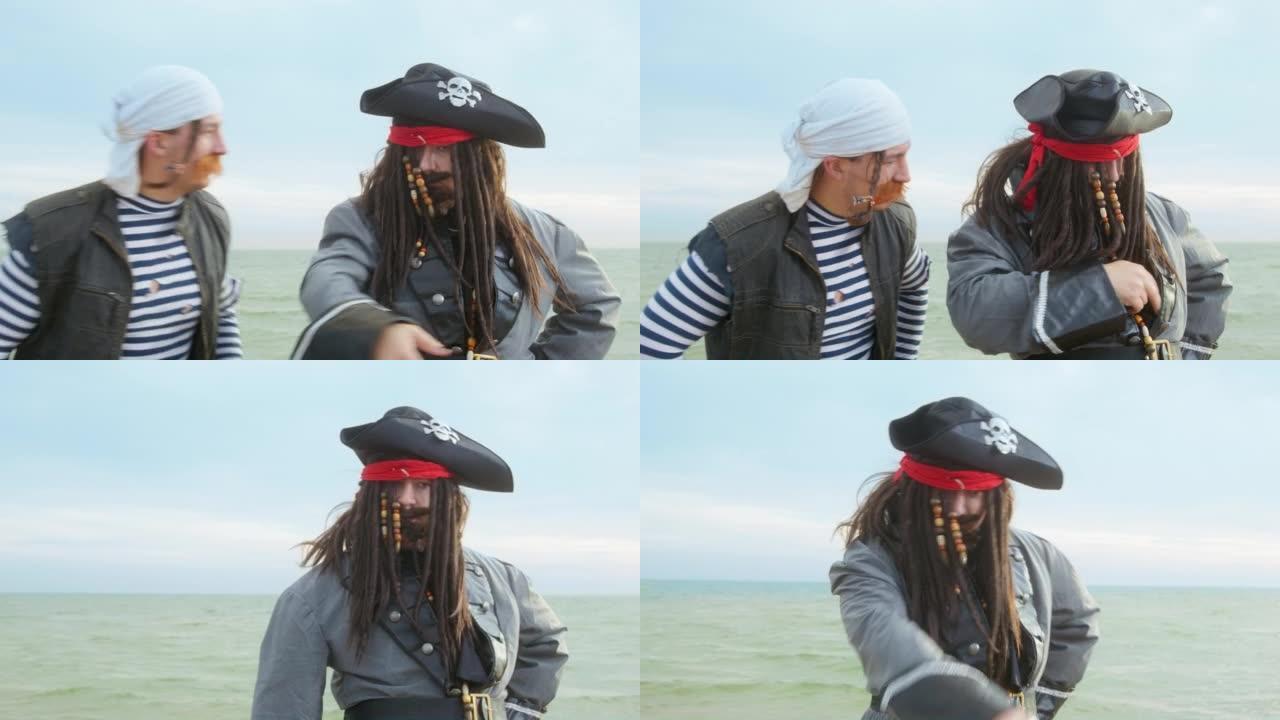 戴着假发的船长，戴着饰有珠子和翘起帽子的长发。他指挥并向海盗船员下达任务，积极地用手示意前方。