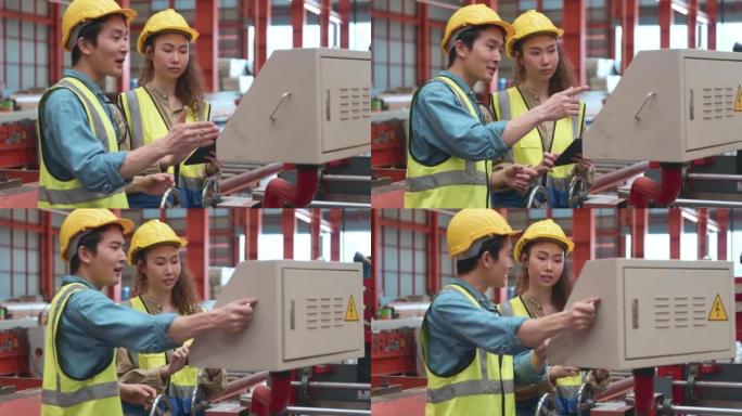 工业工程师男人和工人操作女人在金属板熨烫机上的培训工作