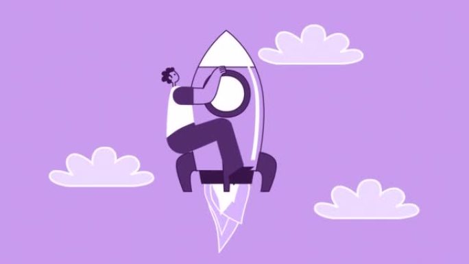 紫色风格的女人扁平角色在火箭上飞起来。带有Alpha通道的孤立循环动画