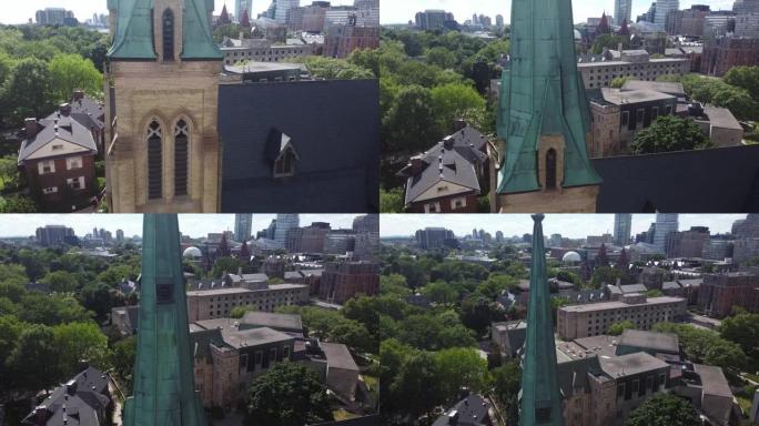 加拿大多伦多一座古老教堂和周围建筑物的无人机镜头