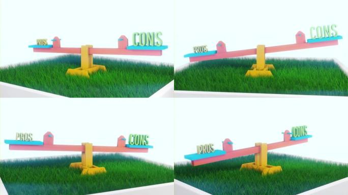 利弊比较正面负面3d动画。3d字母在动画see saw上表示利弊