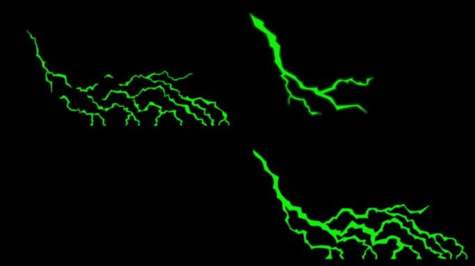 黑色背景上的动画绿色闪电隔离。