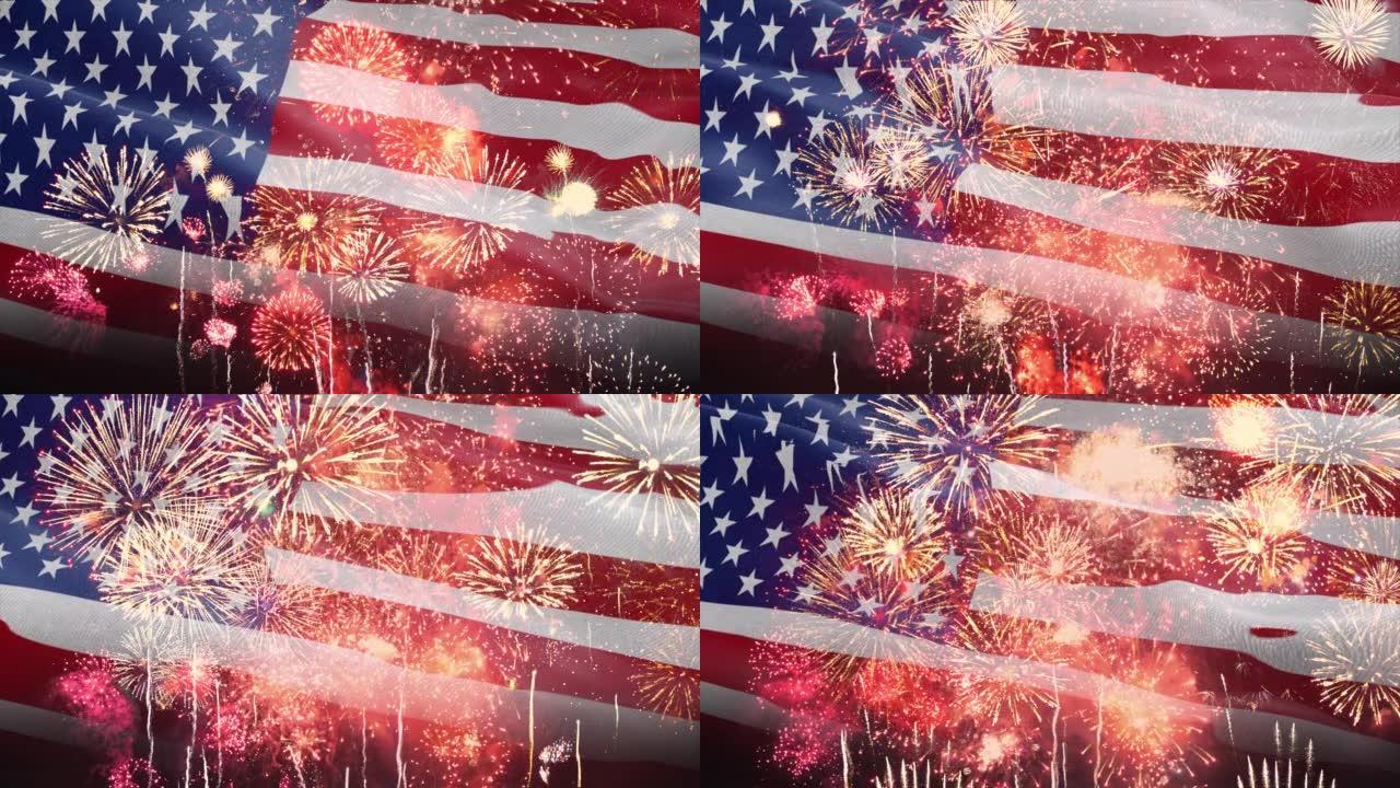 7月4日烟火背景是美国国旗