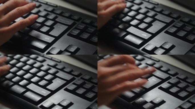 女人在台式电脑键盘上按回车键。