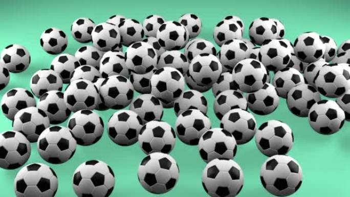 许多球落在绿色背景上。足球背景。3D渲染动画。