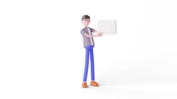 3d动画老师或商人在空白平板电脑上展示。