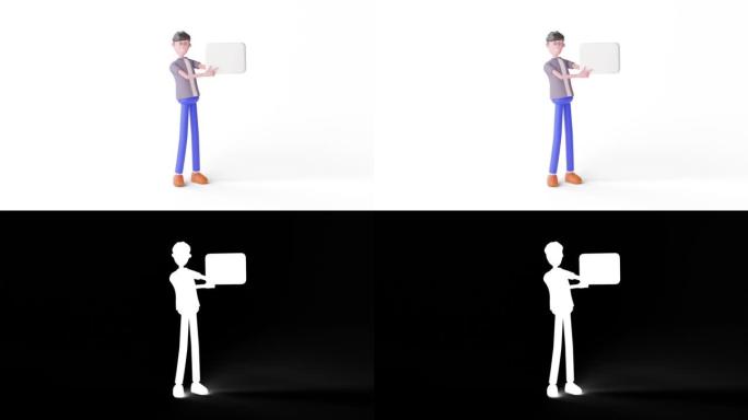 3d动画老师或商人在空白平板电脑上展示。