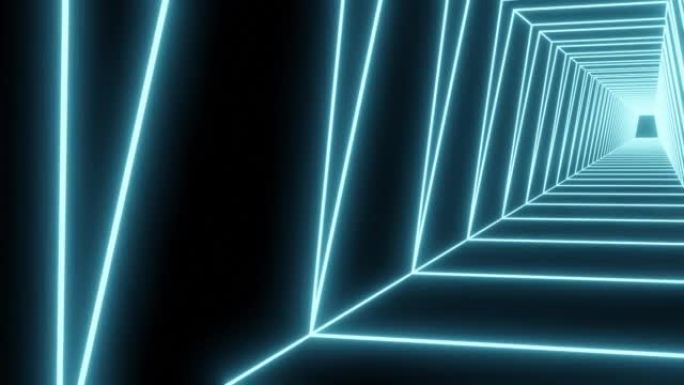 3d动画-抽象背景，霓虹灯光束，穿过隧道走廊向前飞行