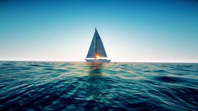 日落时在平静的公海航行的小型游艇的低角度海平面视图