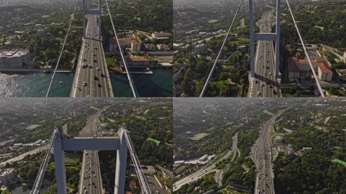 伊斯坦布尔土耳其空中v63鸟瞰图直飞在烈士桥上方，越过博斯普鲁斯海峡的吊桥塔上，朝着贝勒贝伊街区 -