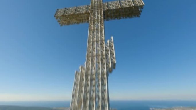 速度飞行运动FPV无人机华丽基督教宗教建筑白色巨大十字山顶山脊。鸟瞰电影自然城市村悬崖地形海洋地平线