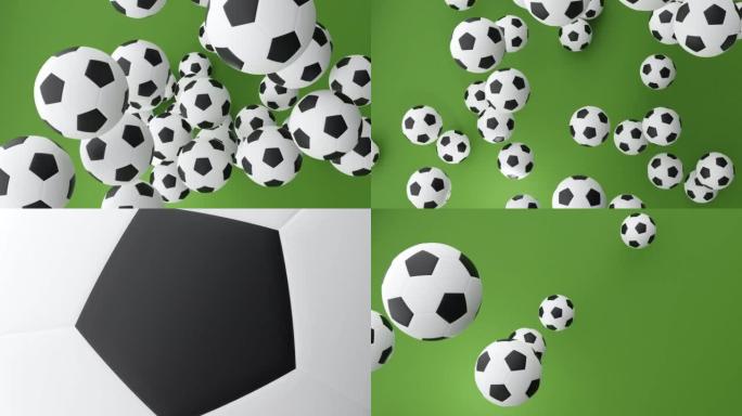 许多足球或足球都落在绿色的地面上。