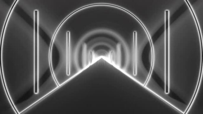 4k白色和灰色径向氖数字环路隧道。未来派霓虹灯紫外线荧光隧道动画黑色背景。穿越明亮的走廊，抽象的背景