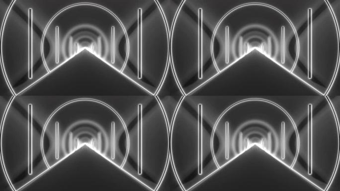 4k白色和灰色径向氖数字环路隧道。未来派霓虹灯紫外线荧光隧道动画黑色背景。穿越明亮的走廊，抽象的背景