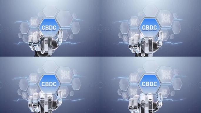 CBDC央行数字货币机器人手触摸，触摸未来，界面技术，用户体验的未来，旅程和技术概念，数字屏幕界面