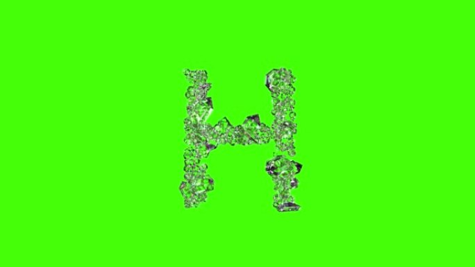 透明钻石水晶字体-色度键屏幕上的字母H，孤立循环视频