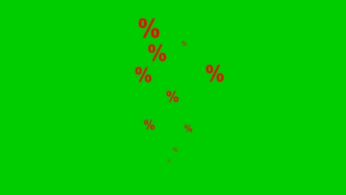 动画红色百分比从下往上飞。飞行百分比。营销、折扣、促销的概念。矢量插图孤立在绿色背景上。