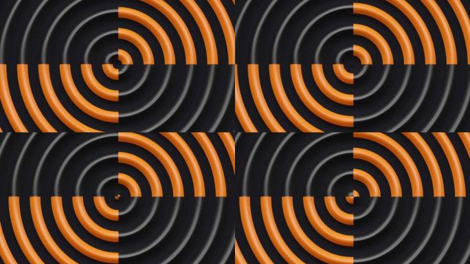 橙色黑色暗波浪形同心现代圆形径向动态抽象背景，3d渲染无缝循环波纹波，几何环圆形液体壁纸，未来移动圆